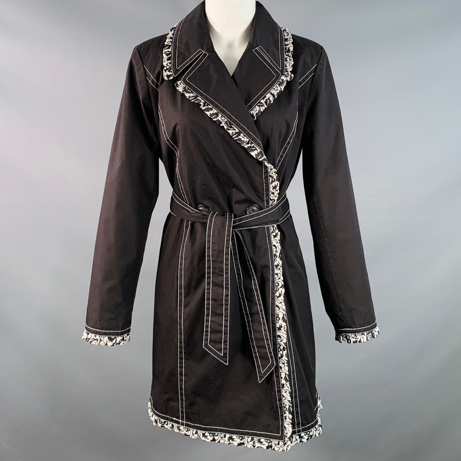 Dennis Basso Size Xs Black White Cotton Blend Contrast Stitch Belted Coat